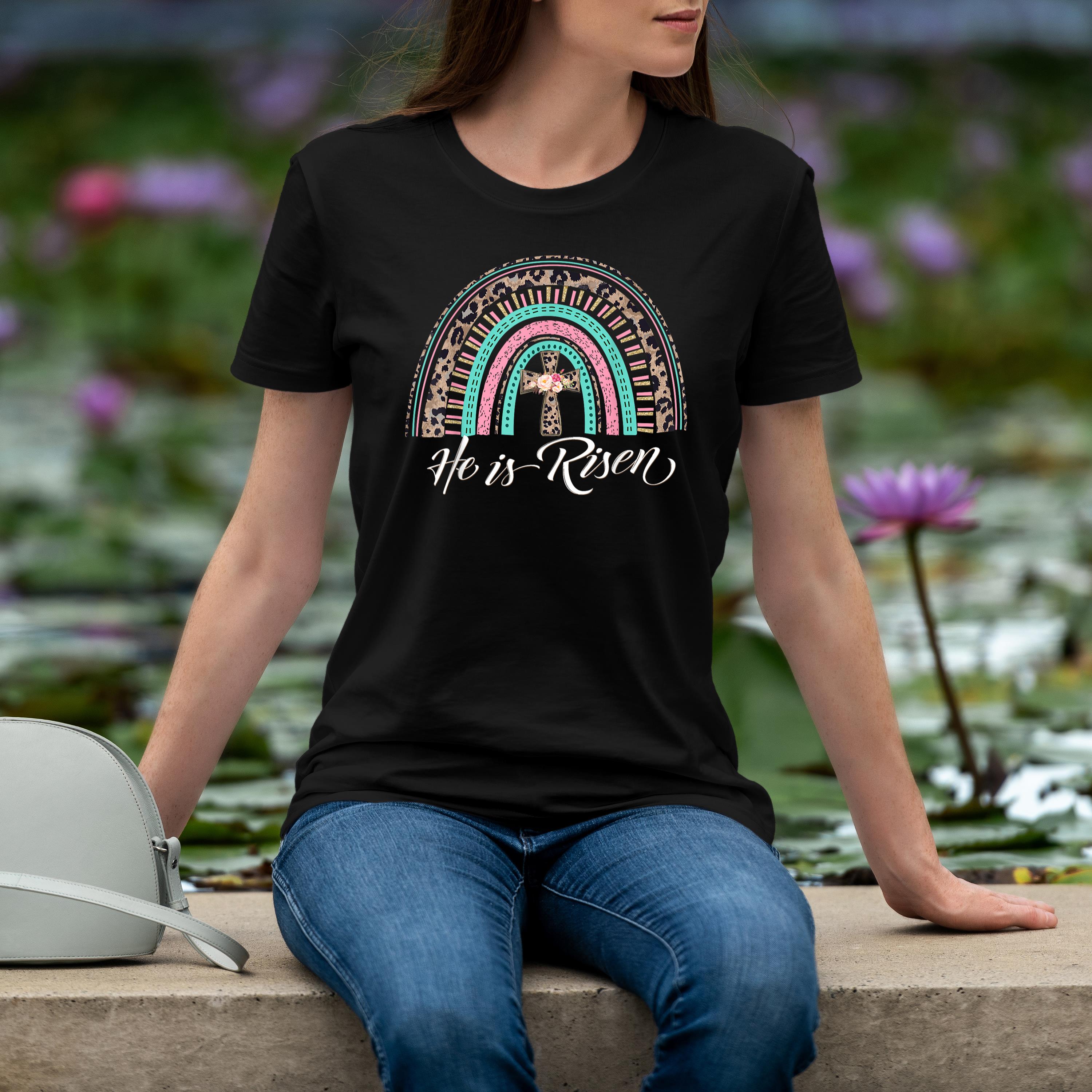 He Is Risen Christian Easter Rainbow Leopard Women Mom Gift Shirt 